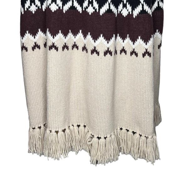 Moda Intl Wool Blend Fair Isle Poncho Shawl Wrap Fringes Size S Beige Black Boho - Picture 8 of 15
